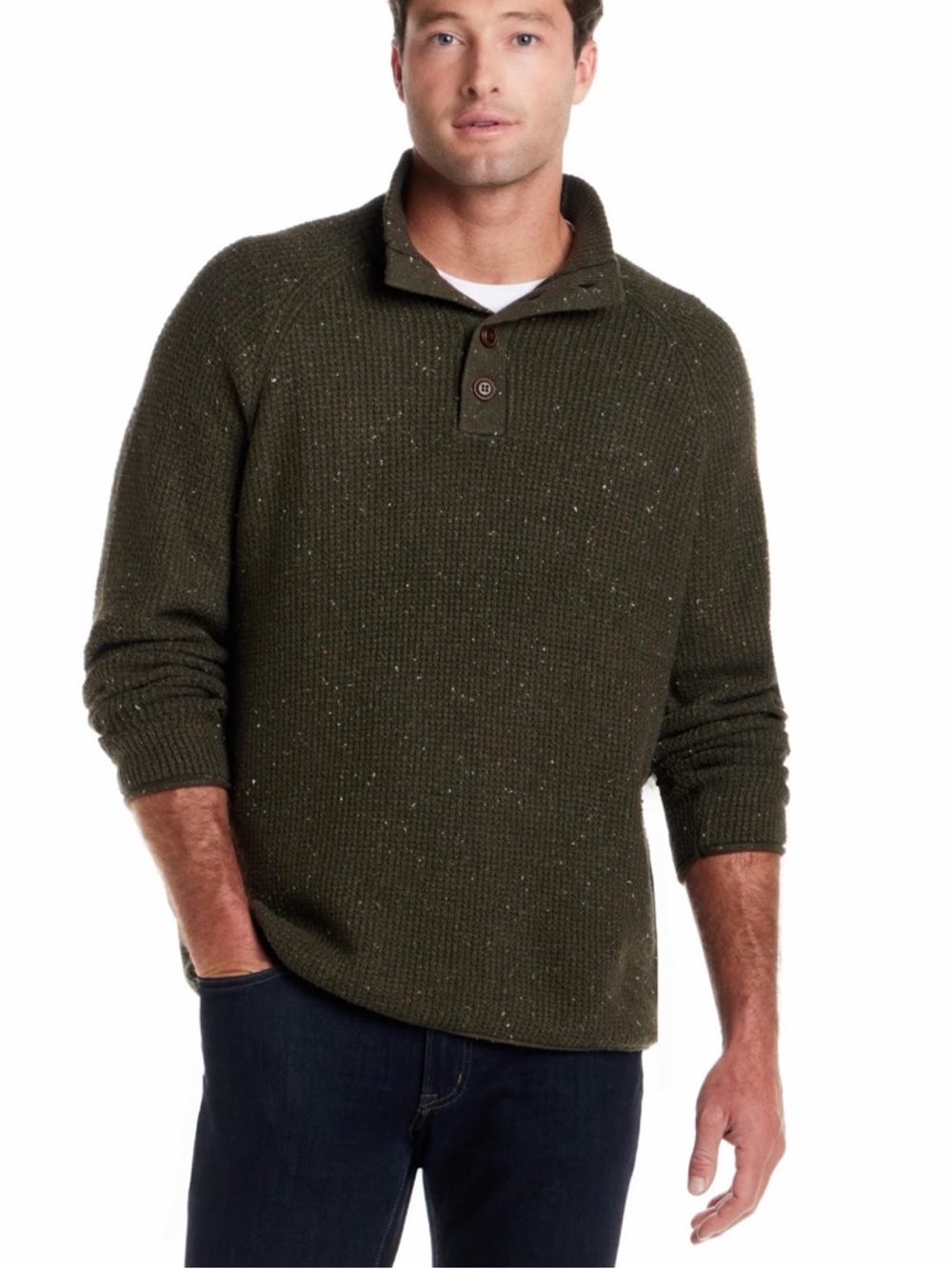 NWT Frontier Threads Mens Donegal Button Mock Neck‎ Sweater Medium Green Knit